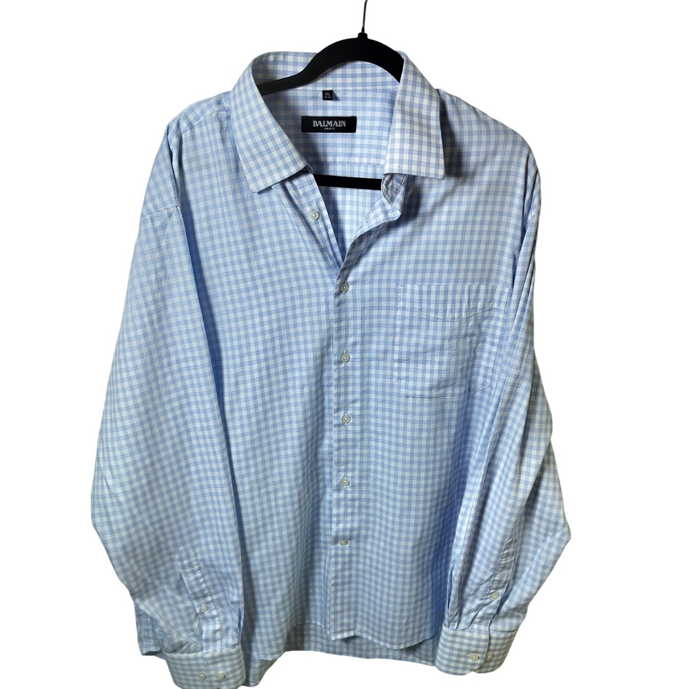 Balmain Paris Mens 2XL Blue White Gingham Check Long Sleeve Button Down Shirt